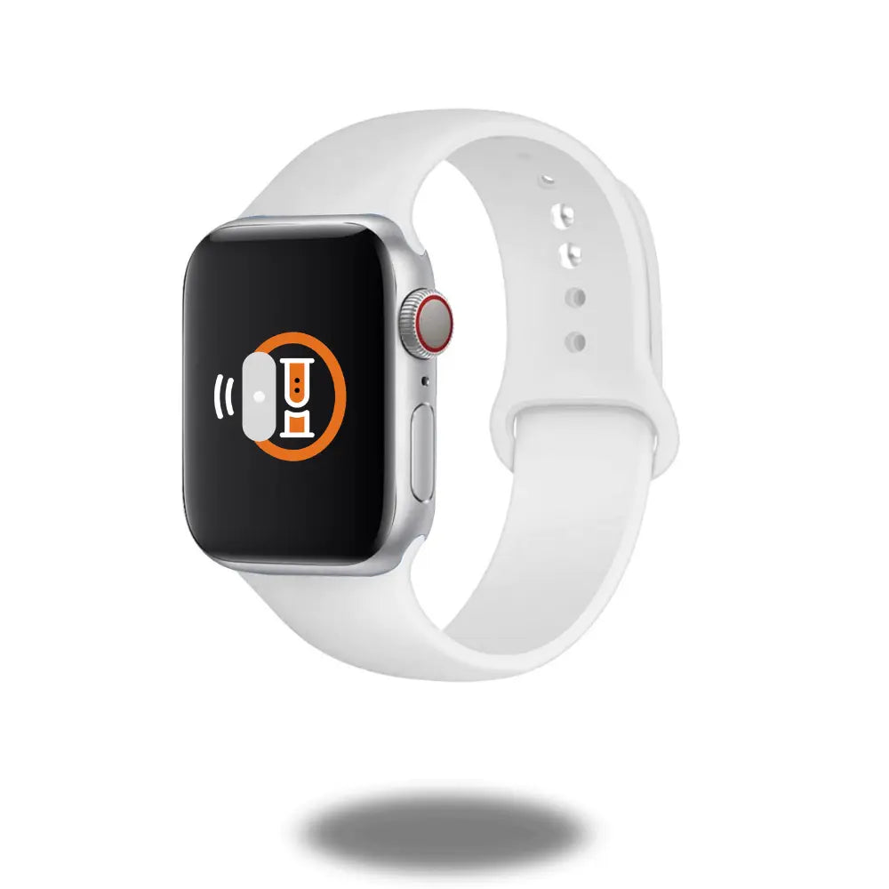 White Sports Silicone Band for Apple Watch displayed on a floating Apple Watch with a sleek design.