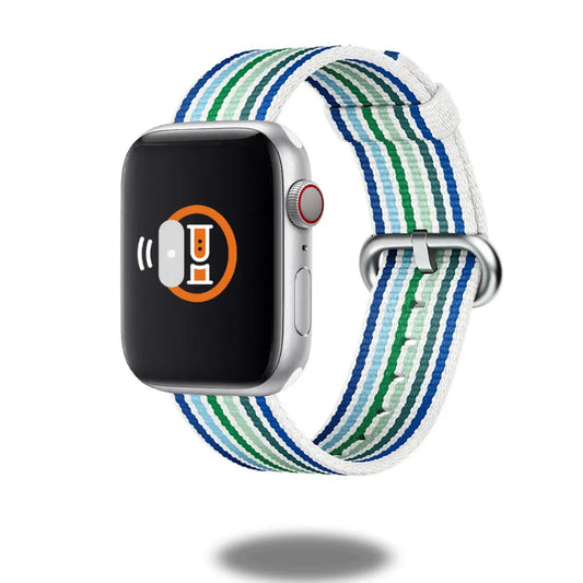 Woven nylon watch strap in stylish blue and green design, featuring stainless-steel buckle for Apple Watch.