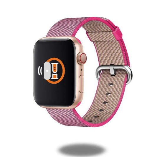 Stylish woven nylon watch strap in pink, featuring adjustable stainless-steel buckle and easy release connectors.