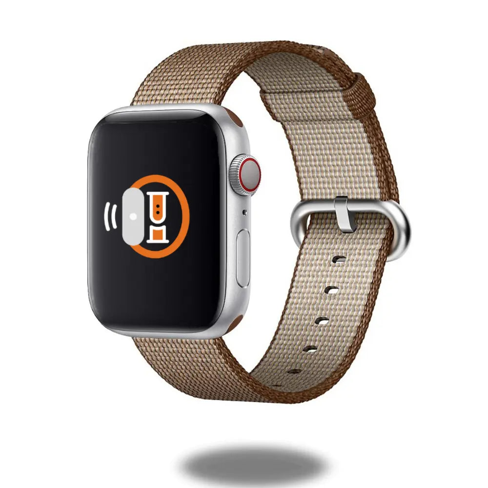 Stylish woven nylon watch strap with adjustable stainless-steel buckle for Apple Watch, showcasing comfort and reliability.